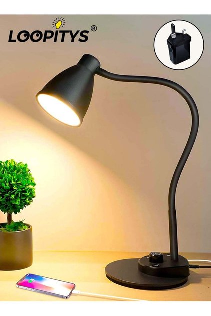 مصباح مكتبي LED، بثلاثة أوضاع ألوان، مصباح طاولة بجانب السرير مع منفذ شحن USB، مرن على شكل أوزة