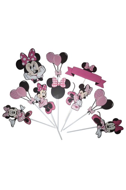 Decoratiune topper tort carton, tematica Minnie mouse, aniversare - 10 piese