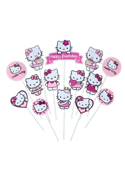 Σετ διακόσμησης για τούρτα Hello Kitty, EBIN, 14 τεμάχια, χρωματιστό χαρτόνι, για παιδικά γενέθλια