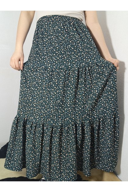 Bürümcük Fabric Bohemian, Ethnic Printed Long Skirt, Elastic Waist, 3 Layers of Ruffles Mevlana