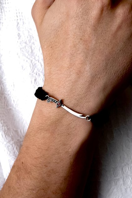 Gümüş Zülfikar Bileklik 925 Ayar Gümüş Zülfikar Kılıçlı Unisex İp Örgü Bileklik