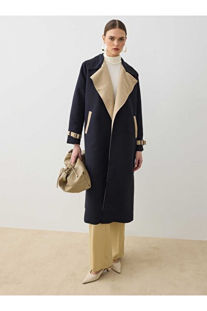 Stylish Trench Coat with Contrast Color Detail - Navy Blue - Beige - - Exclusive