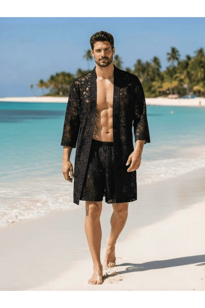 QMEN STYLE Erkek Kimono Takımı – 3'lü Dantel Set (Bornoz +