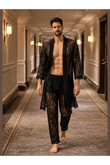 QMEN STYLE Erkek Kimono Takımı – 3'lü Dantel Set (Bornoz +