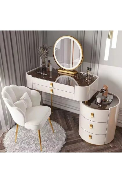 Masă de machiaj cu oglindă rotundă cu LED, set modern de toaletă cu sertare și dulap lateral