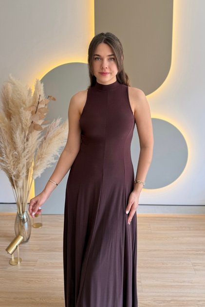 Elegant Brown Dress with High Collar and Pleated Draping