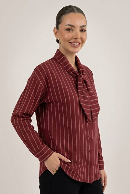 Elegant Scarf Collar Striped Shirt New Season 4732