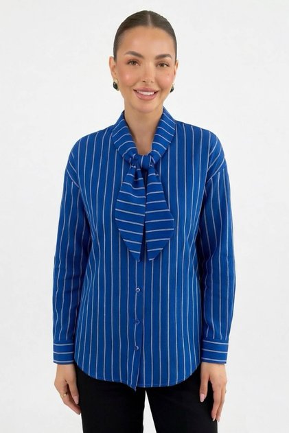 Elegant Scarf Collar Striped Shirt New Season 4732