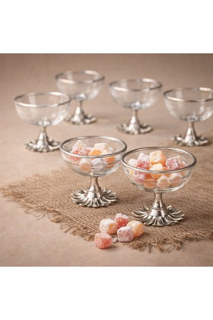 6-Piece Gold & Silver Color Metal Footed Snack Bowl - Presentation Bowl - Bowl - Jam Bowl - Turkish Delight Bowl - Coffee Side Serving Bowl