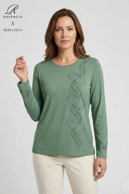 Women's Spiral Leaf Patterned Collar and Skirt Stoned Embroidered Slit Lycra Mother Combed Cotton Blouse