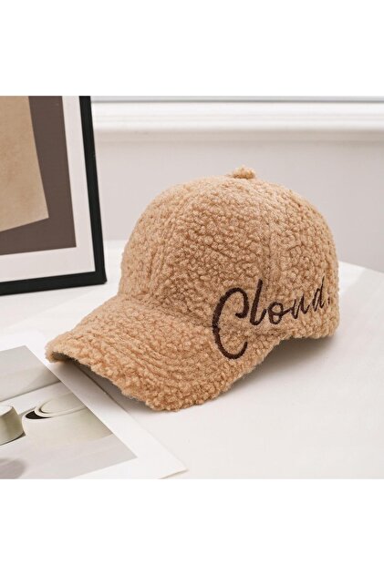 Plush Hat Women Men Unisex Winter Hat Cloud Embroidered Adjustable Beige Teddy Hat Kah
