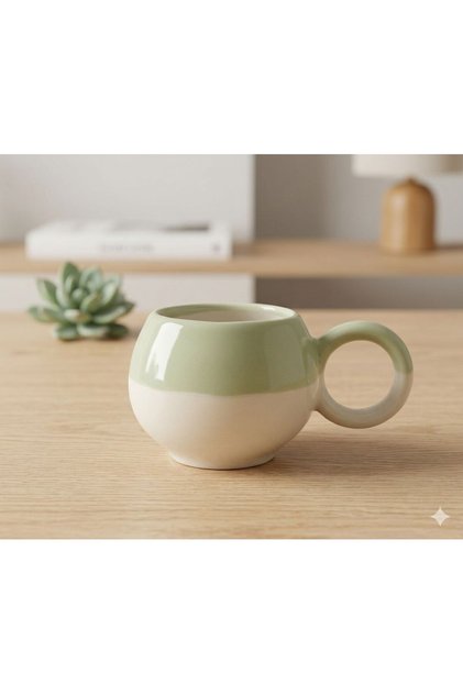 Handmade Ceramic Coffee Mug 200-230 ml | Green Design | Turkish Coffee & Double Compatible