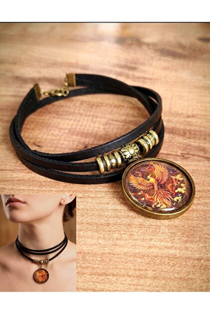Real Leather Choker Necklace with Phoenix Figure
