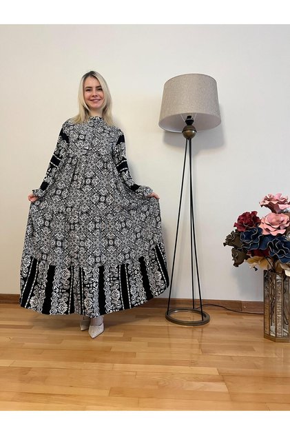 Lady Black and White Patterned Viscose Dress – Oversized Cut Long Summer Dress