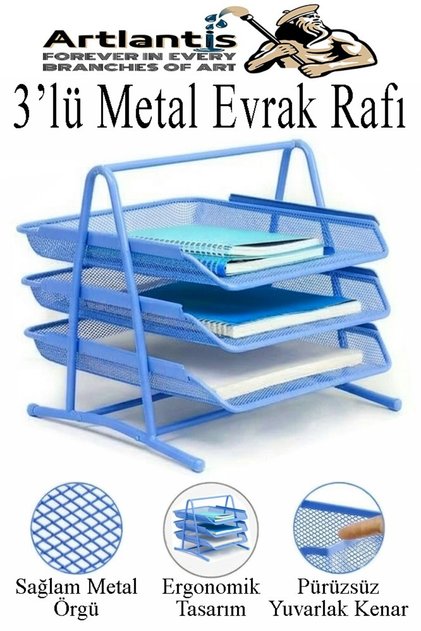 Renkli Metal Evrak Rafı 3 lü 1 Paket Masa Üstü A4 Dosya Düzenleyici Kağıt Tepsisi Metal Fileli Üç Ka