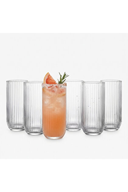 Set de 6 pahare Hawai pentru apă și cocktail, 400 ml, sticlă transparentă striată, design modern cu onduleuri