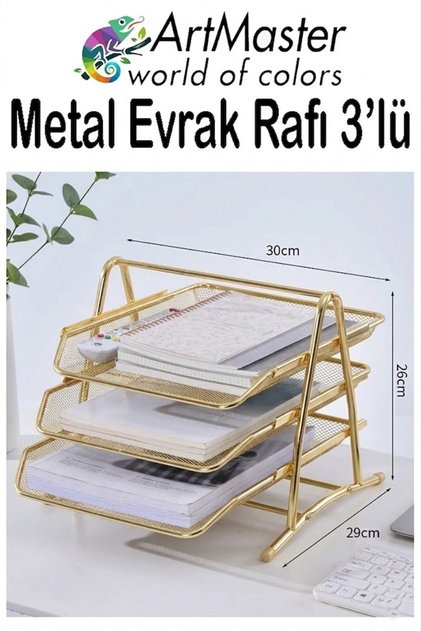 Zlatno žuti metalni stalak za dokumente, 3 komada, stolni A4 organizator, 3 nivoa, metalna ladica za papir