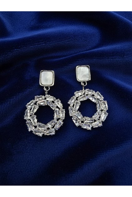 Elegant Pearlescent Circle Design Sparkling Zircon Stone Dangle Steel Earrings - Tarnish Resistant