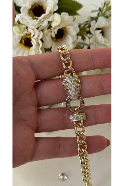 Özel Seri 14k Altın Kaplama Gömme Taşlı Kaplan Model Künye Bileklik