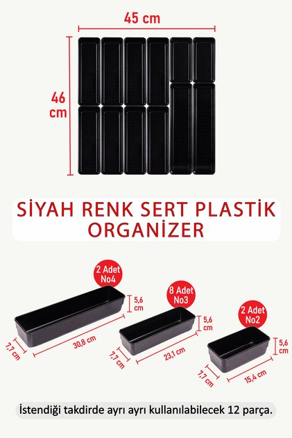 Parlak Siyah ( Piano Black ) 12 Parça Sert Plastik Organizer Düzenleyici