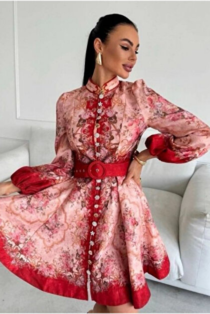 Keten Kumaş Model Düğme Detaylı Elbise-Kemer Dahil -Kırmızı