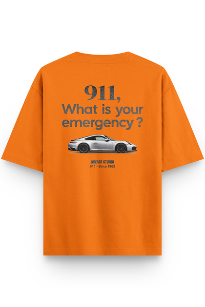 911 Car Back Printed Semi Oversize Orange Tshirt 1423