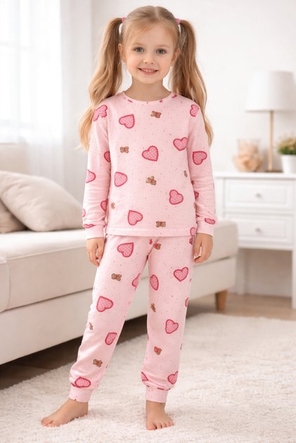Çocuk Pijama Takımı Ayıcık ve Kalp Desenli