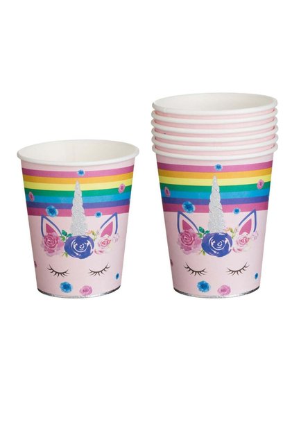 Pahare din Carton de Petrecere Roz Unicorn Rainbow cu Detalii Holografice 240ml - 6buc