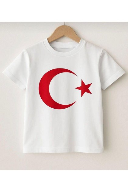 Unisex Kids Crew Neck Cotton White Moon Star Turkish Flag Short Sleeve Show T-Shirt
