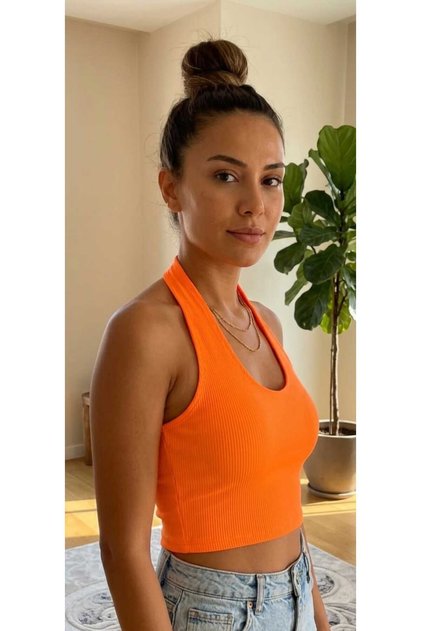 Boyun Geçmeli Fosforlu Turuncu Krop Büstiyer Kaşkorse Kadın Toparlayıcı Likralı Günlük Sportif Fit