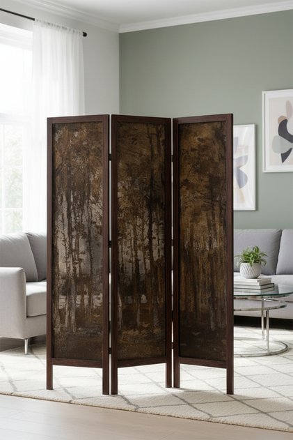 Premium Ahşap Çerçeveli 3 Kanatlı Kanvas Paravan - Modern Desenli Seperatör - 138x170 cm