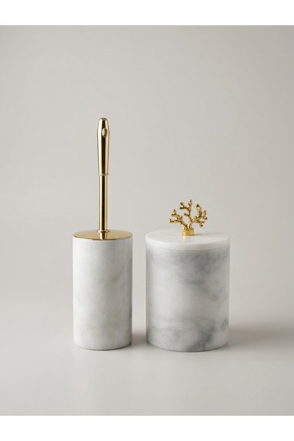 Natural Marble Trash Can and Toilet Brush Holder 2-Piece Gold Coral Set