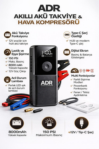 ADR Phone Accessories Akıllı Akü Takviye ve Hava Kompresörü