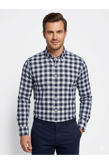 Men's Navy Blue and White Checkered 100% Cotton Flannel Shirt - Premium Textured Trend Fit Casual Shirt