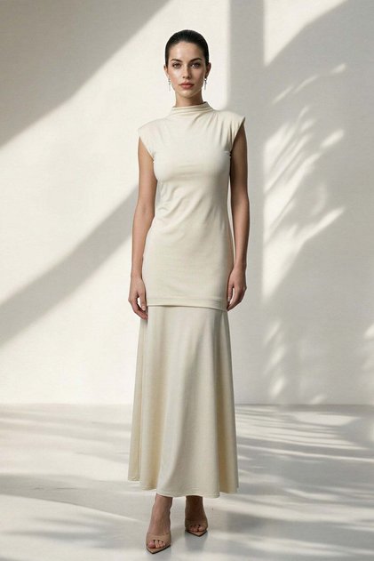 Cream-colored dress with collar, sleeve, and skirt details