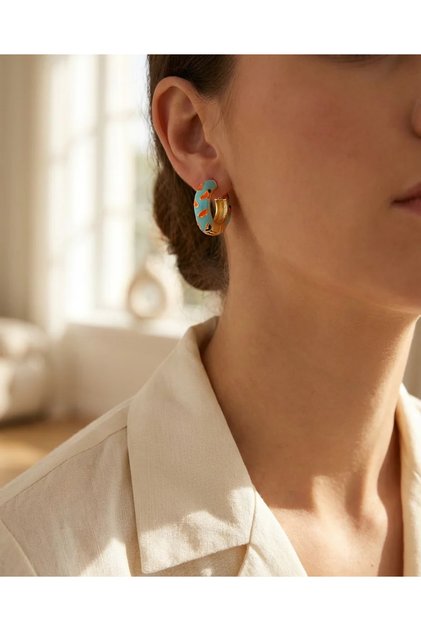 Women's Earrings Gold Detailed Blue Turquoise Enamel Inlaid Hoop Earrings Vintage Women's Earrings