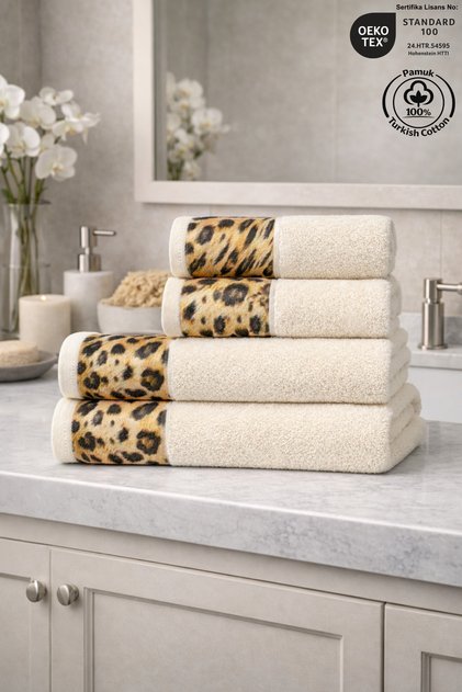 4 Piece Leopard Bath Towel Set 100% Certified Cotton, 450 Gsm Cream Color 50X90 - 70X140Cm