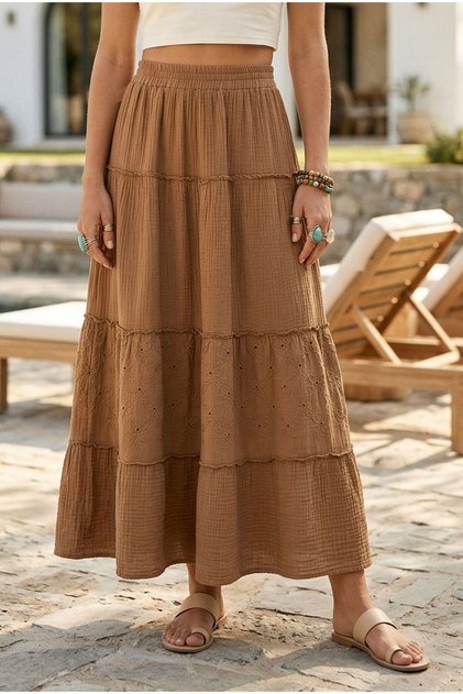 Light Brown Skirt Ruffled Scalloped Layered Casual Muslin Standard Woven Skirt 94 65