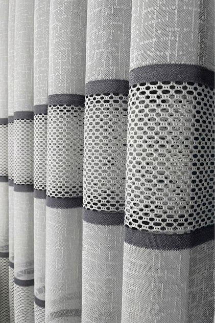 Ecru - Gray Appliqué Tulle 1 to 3 Dense Pleats - Non-Ironing Modern Living Room Curtain