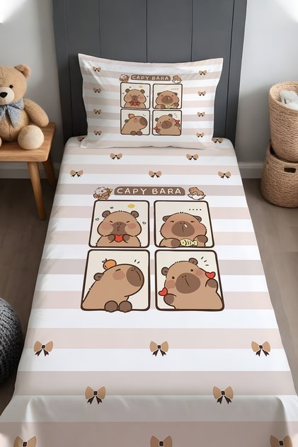Capybara and Ribbons Patterned Bedspread and Pillowcase