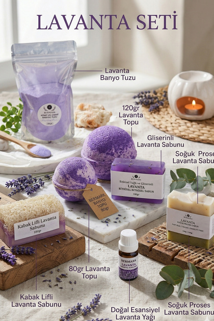 7 Piece Premium Lavender Spa Care Set - Cold Process, Pumpkin Fiber & Soap + Bath Ball, Salt & Oil
