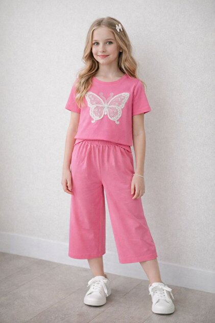 Girl's Butterfly Embroidered Set, Cotton Summer Stylish and Comfortable 2-Piece Set