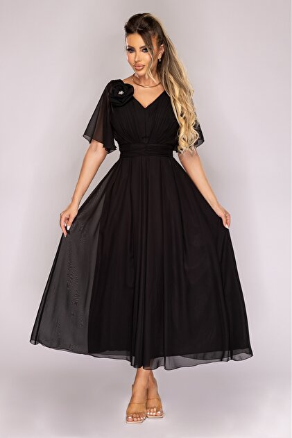 Atmosphere Fashion Black midi dress made of chiffon,3XL- Trendyol