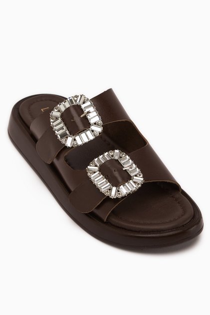 Esila Genuine Leather Brown Stone Women's Slippers