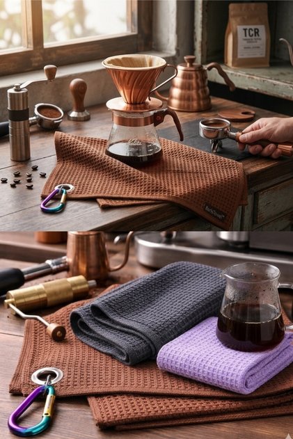 Baristowel ™ Waffle 3 Color Barista Towels, 60X40 cm I 30X30 cm I 20X20 cm (Set of 3 with Bird Eye Hangers)