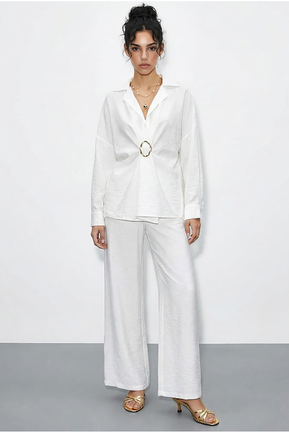 Women's White Oversize Shirt with Accessories and Wide-Legged Trousers Top and Bottom Set 7613 60286063