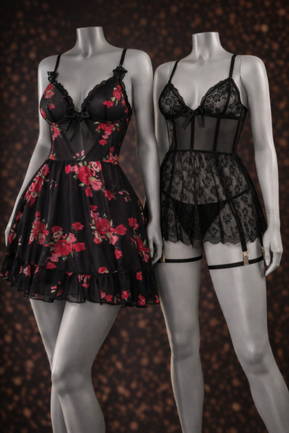 Siyah Tül Gül Desenli Babydoll Gecelik & Dantel Detaylı Jartiyer Set