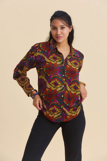Shirt Collar Buttoned Patterned Ethnic Blouse