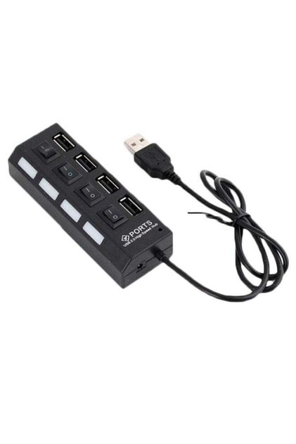 موزع USB عالي السرعة بأربعة منافذ مع زر تشغيل/إيقاف باللون الأسود