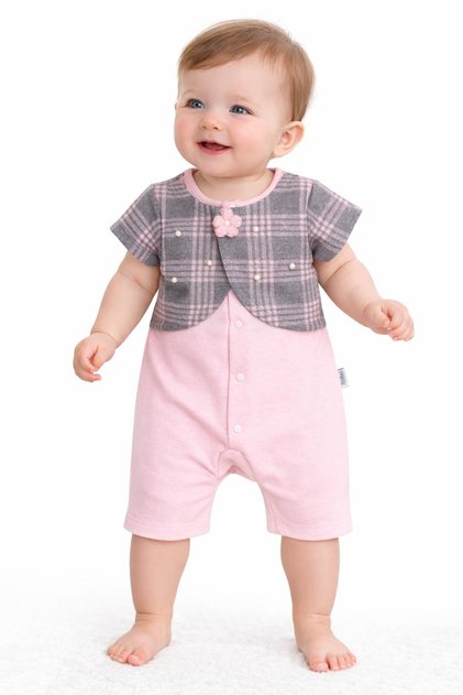 Baby Girl Plaid Detailed Jumpsuit with Floral Accessories, Stylish Summer Jumpsuit